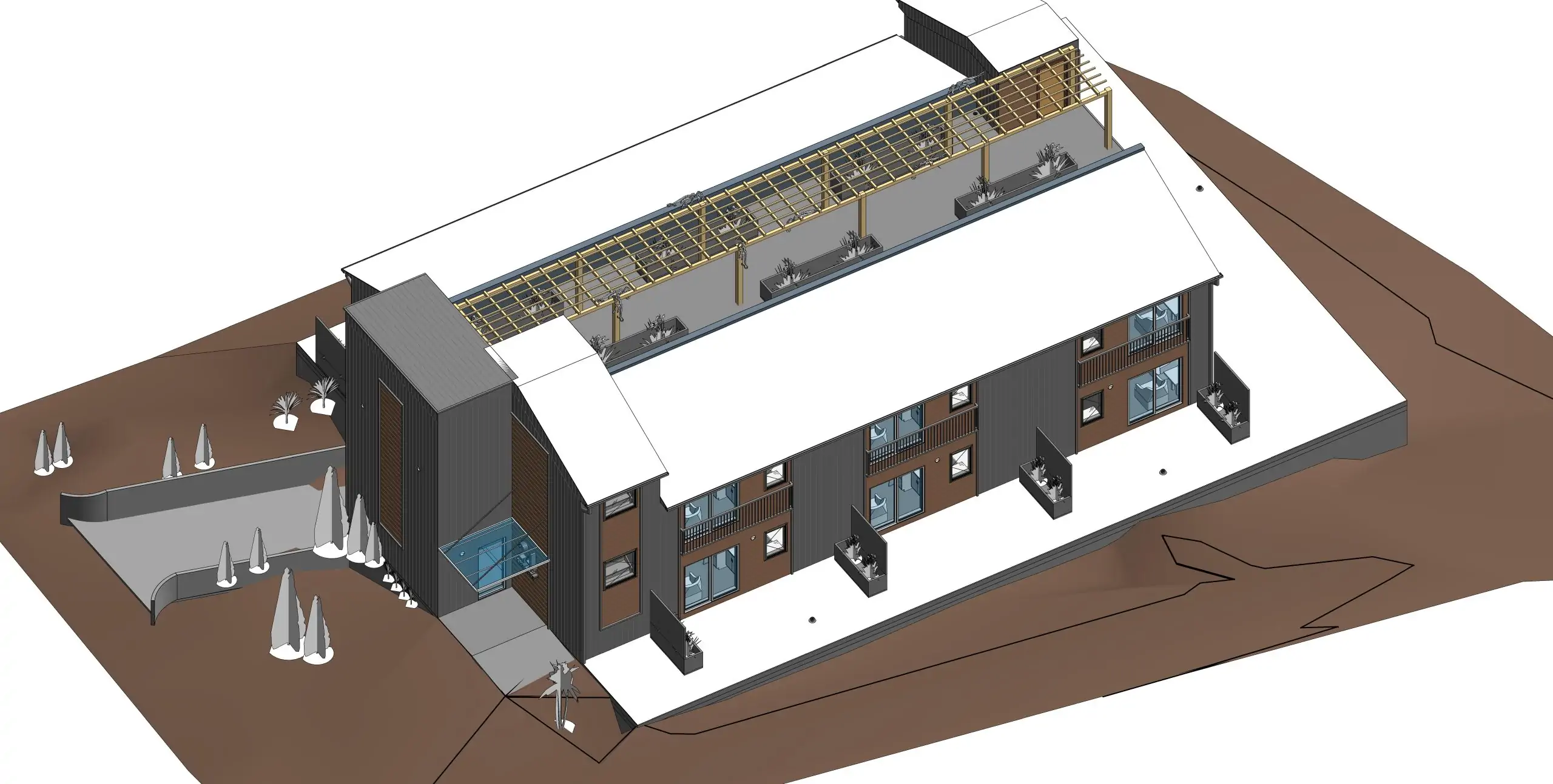 3D render of a house with scaffolding with half in sketch phase