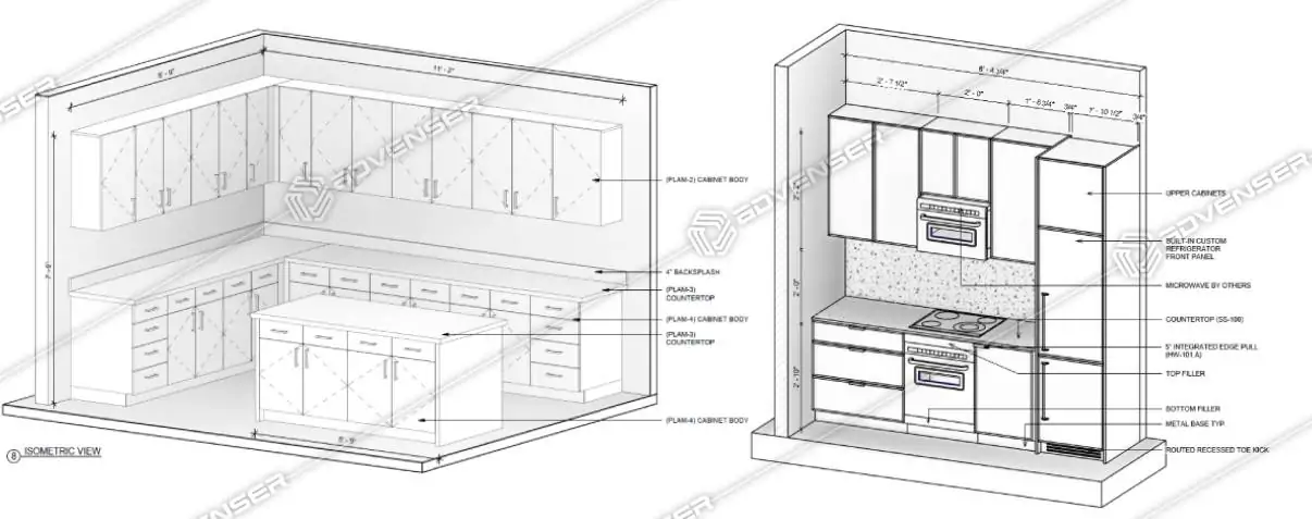Millwork shop drawings for a kitchen cabinet